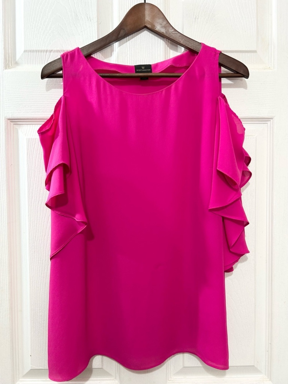 Worthington Hot Pink Ruffle Cold-Shoulder Blouse. Career Spring Size XL